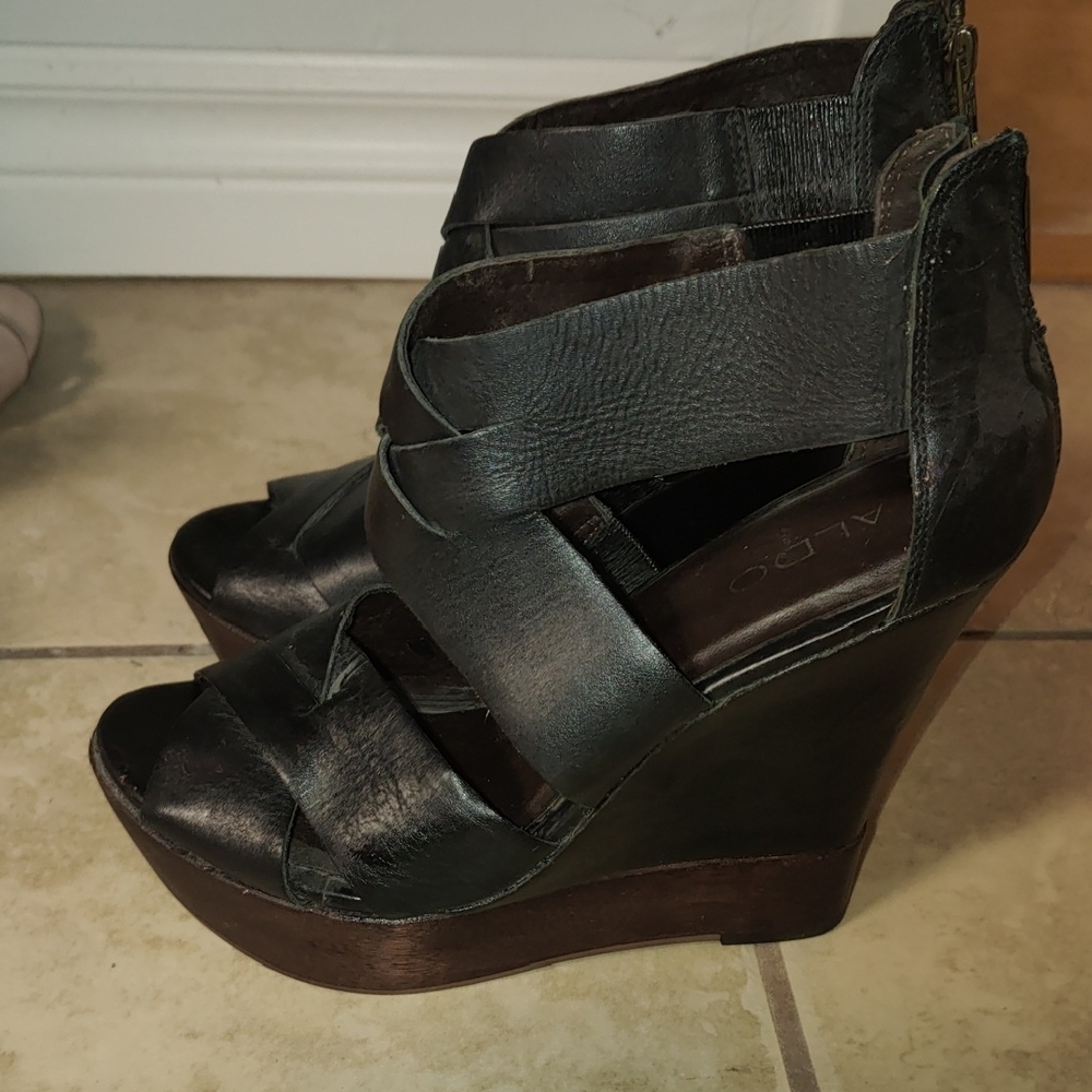 ALDO Dark Leather Wedge Sandals